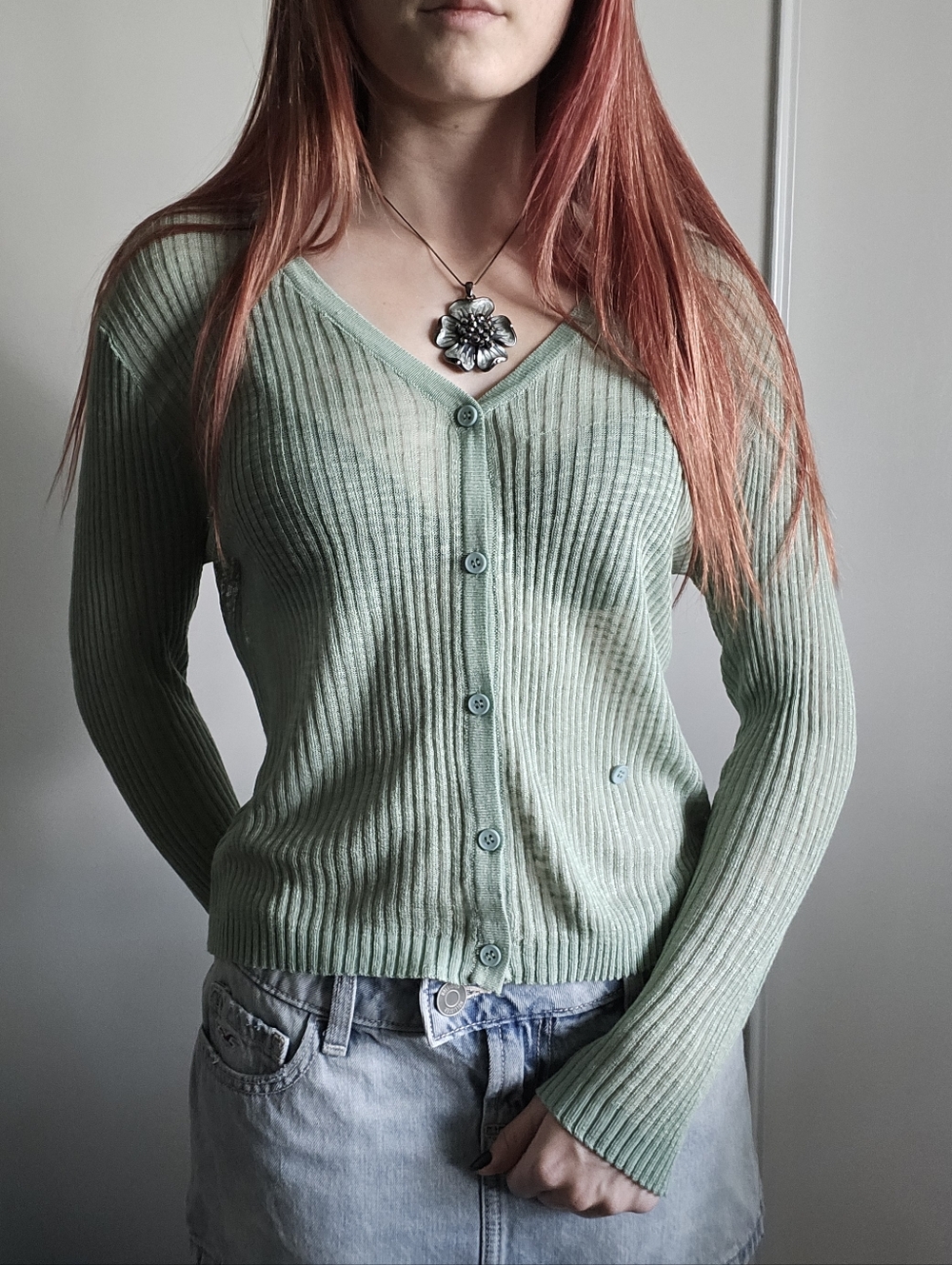 y2k Unbranded Light Green Sheer Fairy Cardigan V neck Button long sleeve 1 flaw